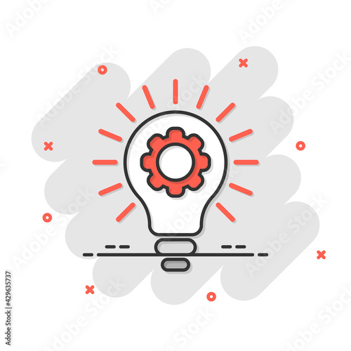 Innovation icon in comic style. Lightbulb with cogwheel cartoon vector illustration on white isolated background. Idea splash effect business concept.