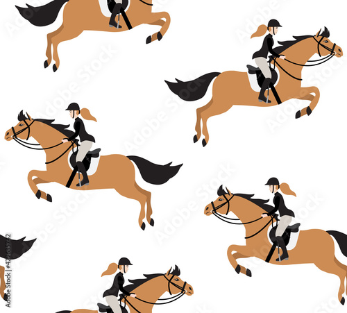 Vector seamless pattern of hand drawn flat colored girl woman riding show jumping horse isolated on white background © Sweta