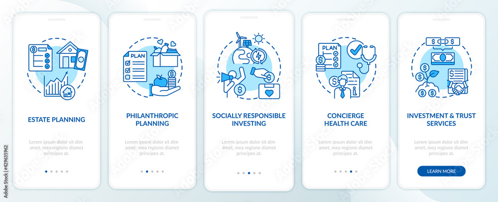 Prosperity advisory duties onboarding mobile app page screen with concepts. Estate, philanthropy walkthrough 5 steps graphic instructions. UI, UX, GUI vector template with linear color illustrations