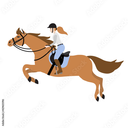 Vector colored hand drawn flat cartoon girl woman riding show jumping horse isolated on white background
