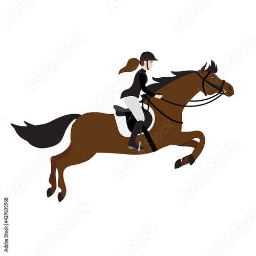 Vector hand drawn flat cartoon girl woman riding show jumping horse isolated on white background © Sweta