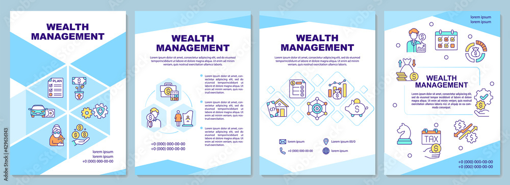 Wealth management brochure template. Controlling finances. Flyer, booklet, leaflet print, cover design with linear icons. Vector layouts for presentation, annual reports, advertisement pages