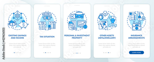 Comprehensive prosperity control onboarding mobile app page screen with concepts. Savings, assets walkthrough 5 steps graphic instructions. UI, UX, GUI vector template with linear color illustrations