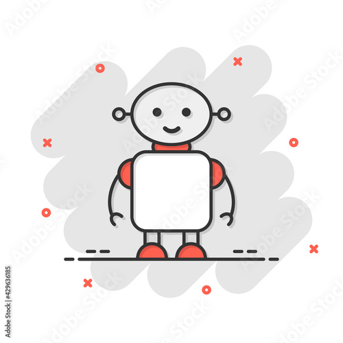 Cute robot chatbot icon in comic style. Bot operator cartoon vector illustration on white isolated background. Smart chatbot character splash effect business concept.