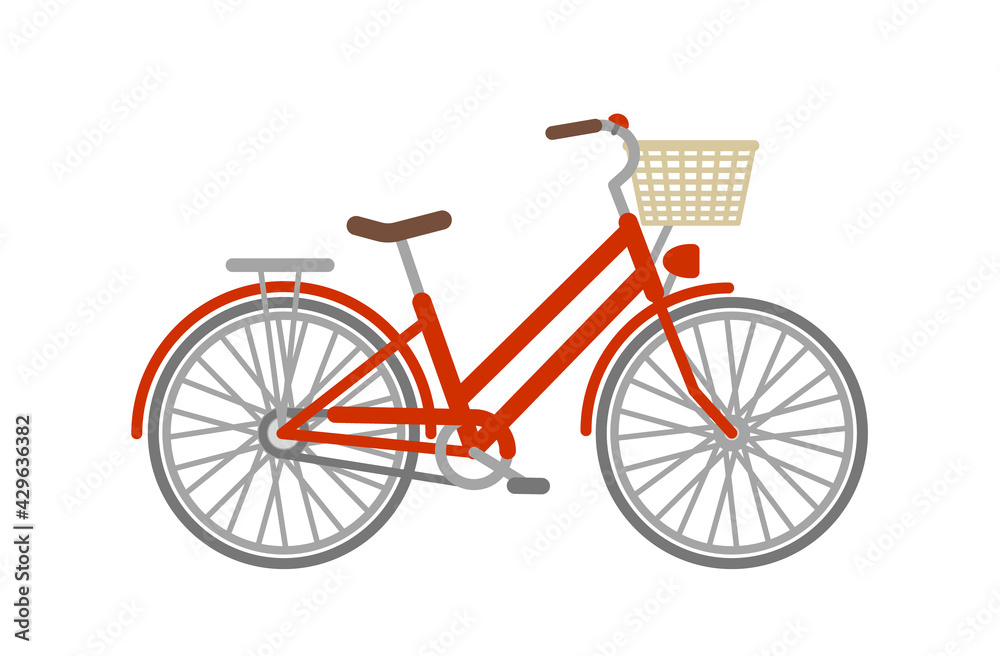 Vector flat city bicycle. Red bike with basket on white background.
