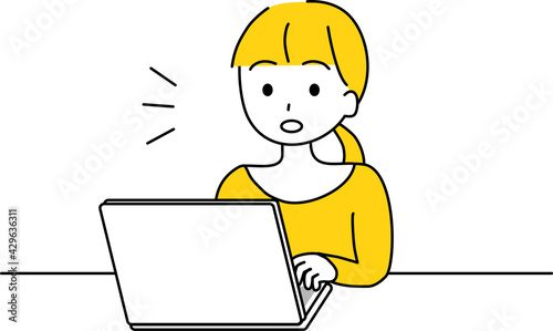 パソコン作業中に何かに気づいた女性　シンプルタッチ