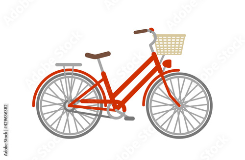 Vector flat city bicycle. Red bike with basket on white background.
