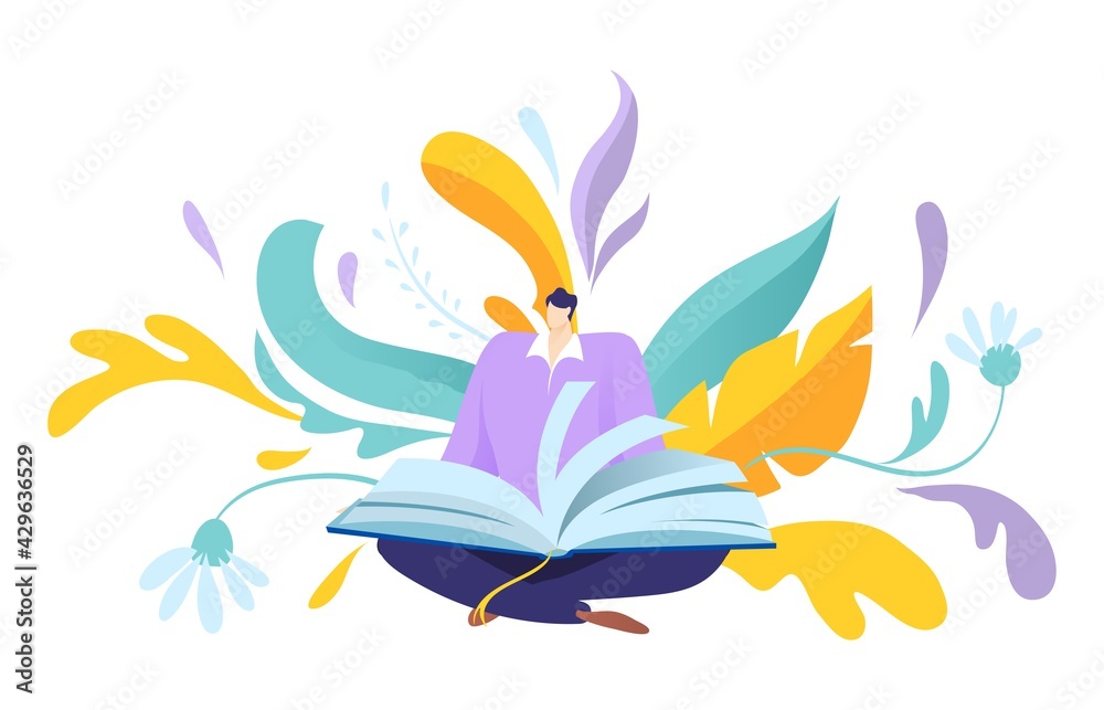 Man character reading book lotus position, male hold big publication textbook, obtain information flat vector illustration, isolated on white.