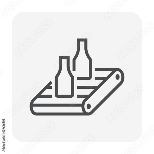 Beverage industry vector icon. That business process automation and technology consist of row bottle packaging on conveyor belt in production line to manufacturing or produce drink product. 64x64 px.