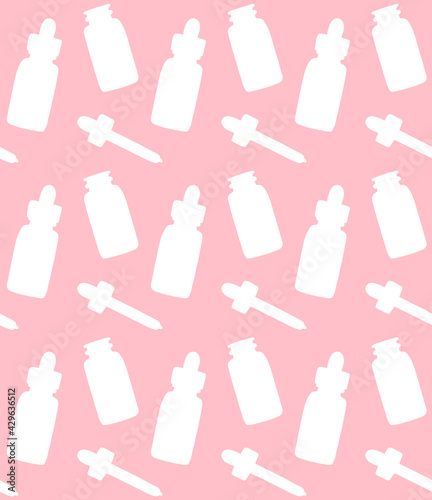 Vector seamless pattern of hand drawn oil essence bottle silhouette isolated on pink background
