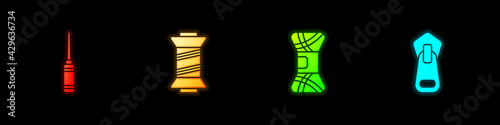 Set Awl tool, Sewing thread, Yarn and Zipper icon. Vector