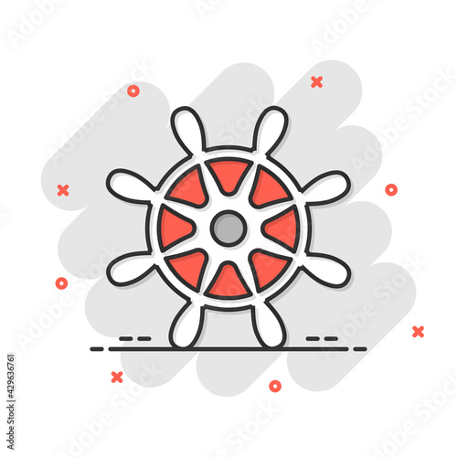 Helm wheel icon in comic style. Navigate steer cartoon vector illustration on white isolated background. Ship drive splash effect business concept.