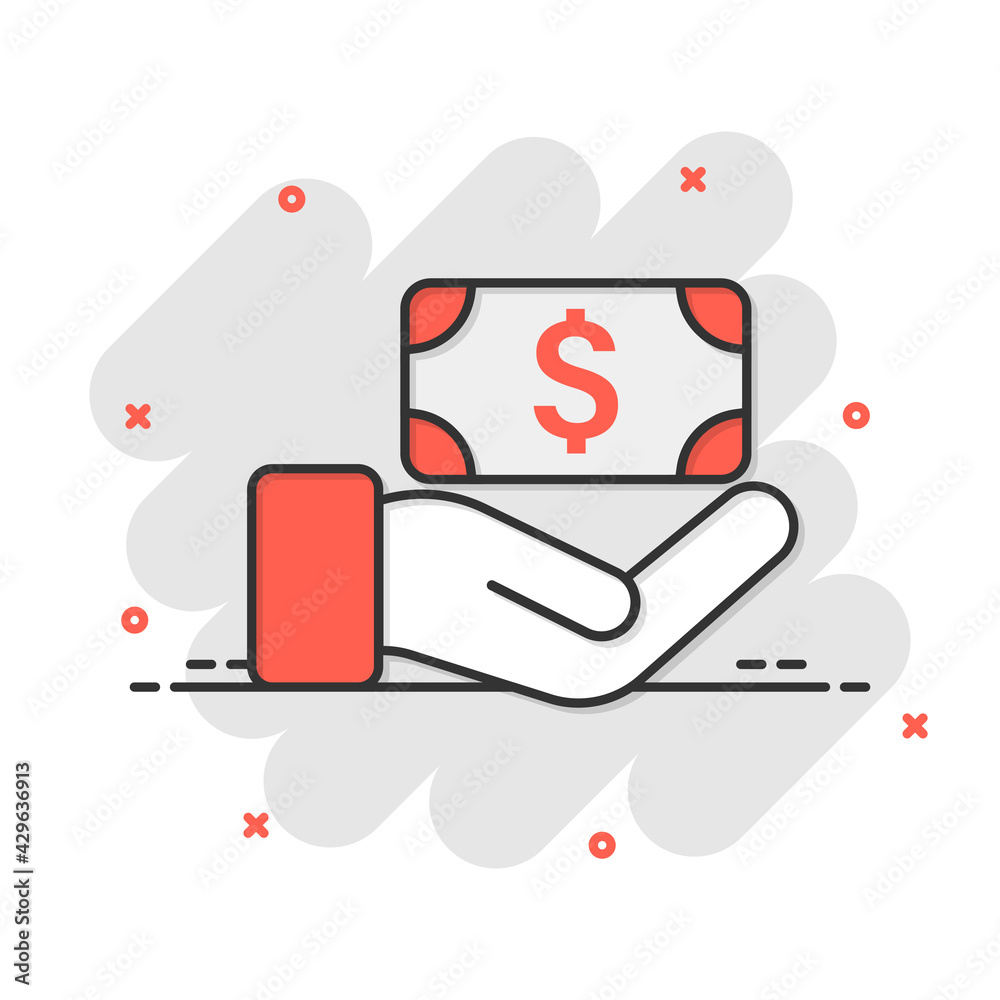 Remuneration icon in comic style. Money in hand cartoon vector illustration on white isolated background. Banknote payroll splash effect business concept. Remuneration icon in comic style. Money in hand cartoon vector illustration on white isolated background. Banknote payroll splash effect business concept.