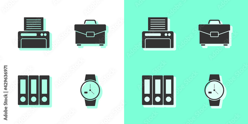 Set Wrist watch, Printer, Office folders and Briefcase icon. Vector