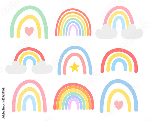 Vector set bundle of hand drawn doodle sketch pastel colored boho rainbow isolated on white background