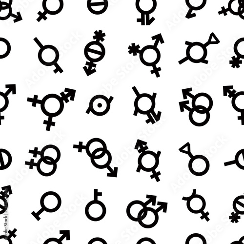 Pride LGBT Gender Seamless pattern Bigender, agender, neutrois, asexual, lesbian, homosexual, bisexual icon orientation. Vector design surface Sexual human identity sign isolated on white background