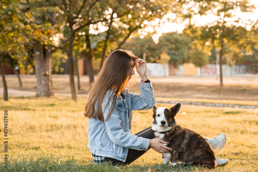 young female hugging her Welsh Corgi dog in spring park young female hugging her Welsh Corgi dog in spring park