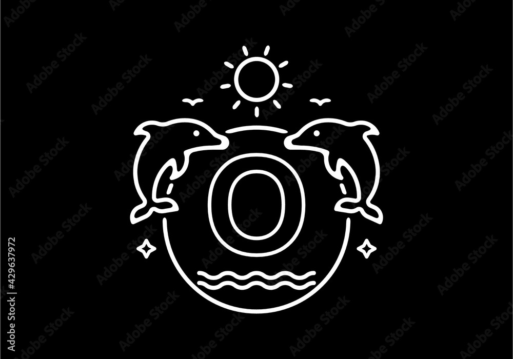 Obraz premium White black line art illustration of O initial name in dolphins frame