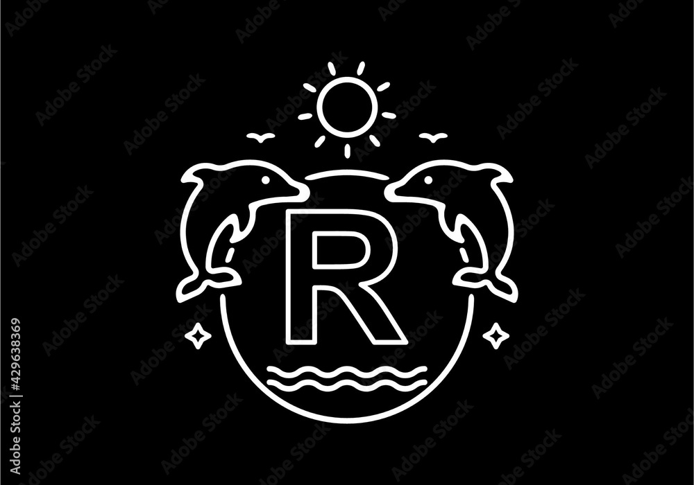 White black line art illustration of R initial name in dolphins frame White black line art illustration of R initial name in dolphins frame