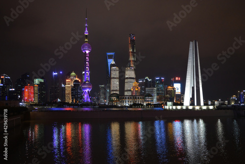 Shanghai skyline at night with Monument to the People   s Heroes