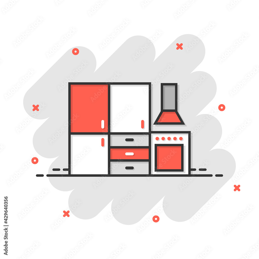 Kitchen furniture icon in comic style. Cuisine cartoon vector illustration on white isolated background. Cooking room splash effect business concept. Kitchen furniture icon in comic style. Cuisine cartoon vector illustration on white isolated background. Cooking room splash effect business concept.
