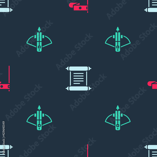 Set Medieval flag, Decree, parchment, scroll and Battle crossbow with arrow on seamless pattern. Vector
