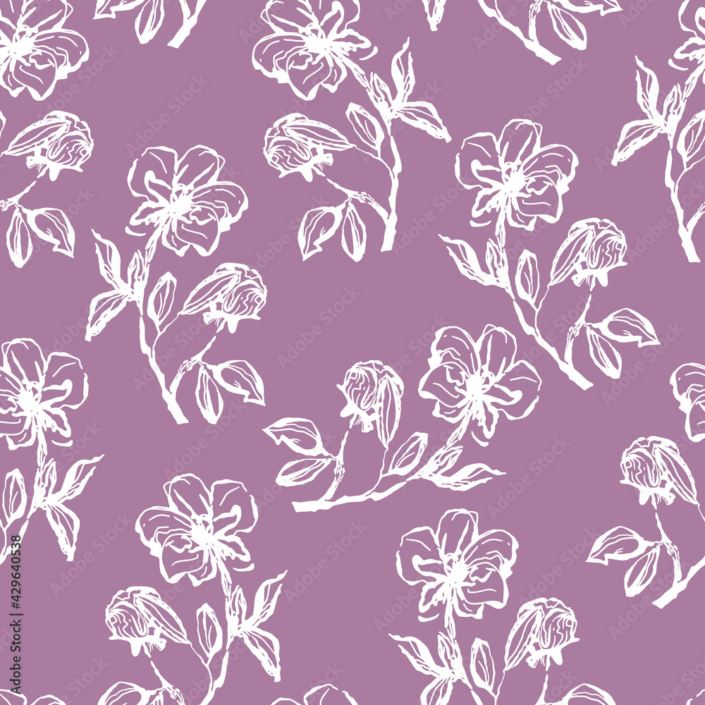 seamless contour floral vector pattern with twigs and leaves on contrasting background