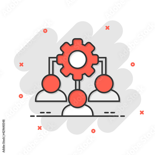 Business training icon in comic style. Gear with people cartoon vector illustration on white isolated background. Employee management splash effect concept.