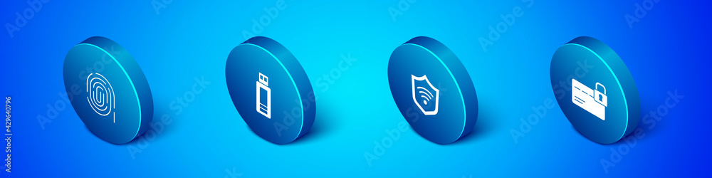 Set Isometric Fingerprint, Shield with WiFi wireless, Credit card lock and USB flash drive icon. Vector Set Isometric Fingerprint, Shield with WiFi wireless, Credit card lock and USB flash drive icon. Vector