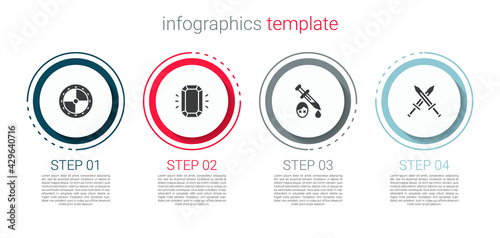 Set Round wooden shield, Diamond, Sword with blood and Crossed medieval sword. Business infographic template. Vector
