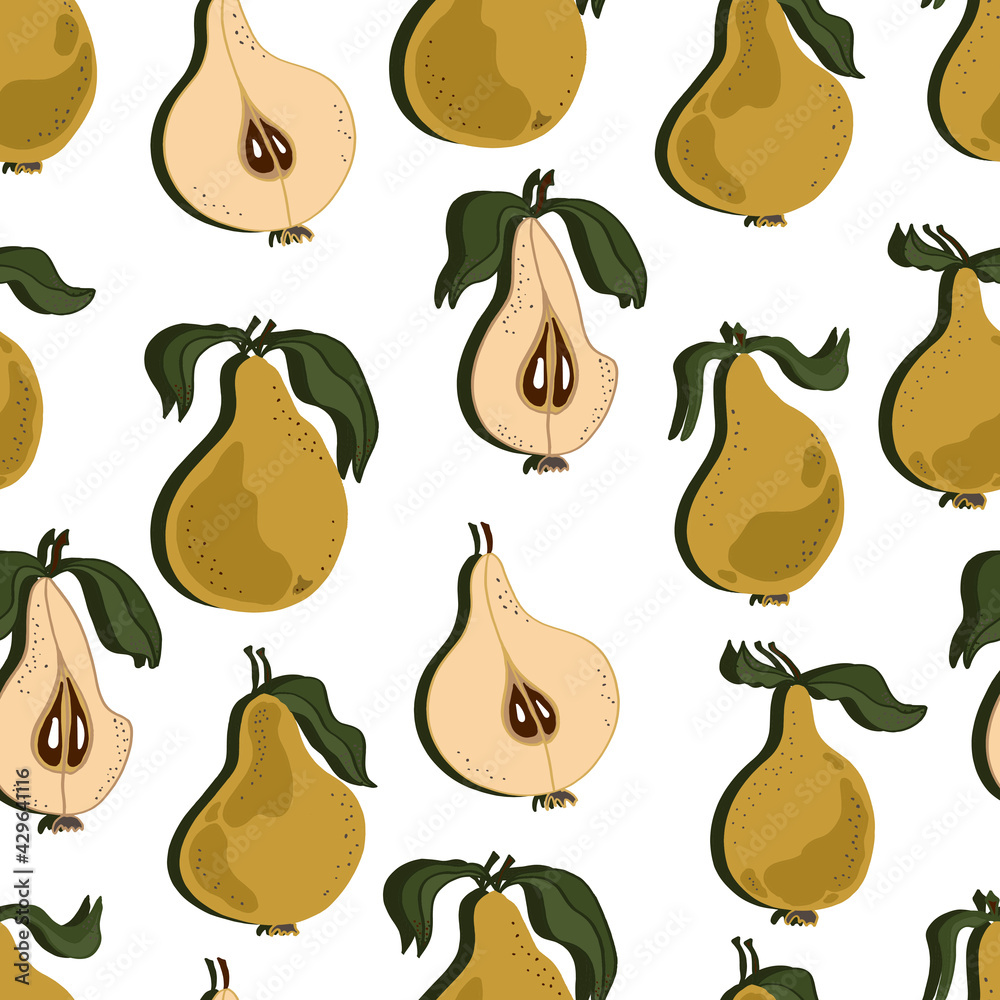 Pears with leaves, whole and chopped. Pear seamless pattern. Background for wallpaper, fabric, paper, scrapbooking, menu and packaging Pears with leaves, whole and chopped. Pear seamless pattern. Background for wallpaper, fabric, paper, scrapbooking, menu and packaging