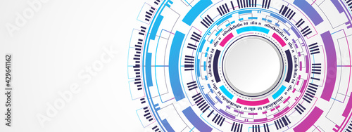 Abstract Colorful Technology Background, white circle banner on blue and pink gradient digital circle and circuit board pattern