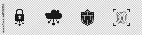Set Cyber security, Internet of things, Shield with brick wall and Fingerprint icon. Vector