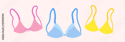 Three bras different styles. Collection of cute women's lingerie and swimwear. Set of underwear and bikini tops. Flat cartoon colorful vector illustration. 