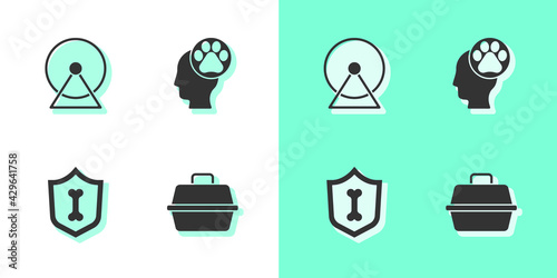 Set Pet carry case, Hamster wheel, Animal health insurance and Human with animals footprint icon. Vector
