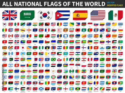 All national flags of the world . Inserted paper flag design . Element vector .