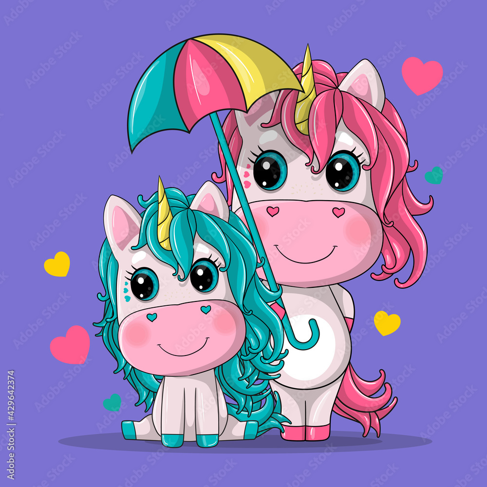 Cute couple unicorn with umbrella cartoon hand drawn vector illustration.  Can be used for t-shirt print, kids wear fashion design, baby shower  invitation card. Stock Vector | Adobe Stock
