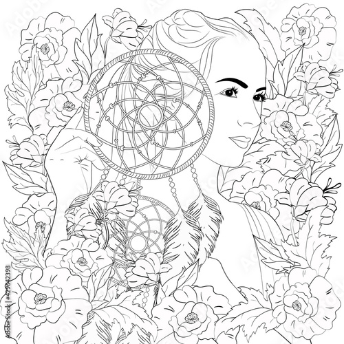 Coloring book with dream catcher, girl, feathers and flowers