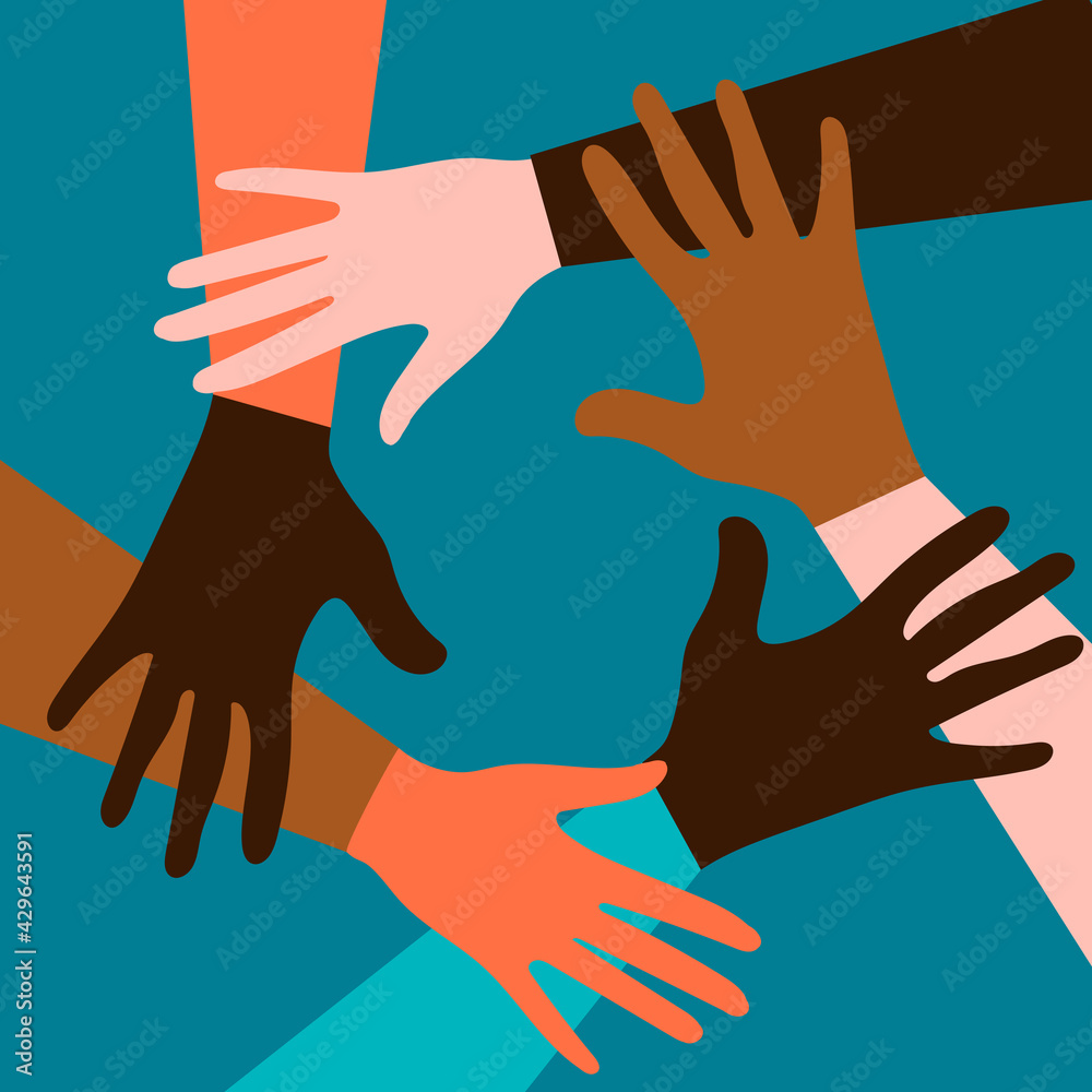 Hands of people of different nationalities and religions. Feminism concept design for cards, posters with blue background. Activists stick together. Hands of people of different nationalities and religions. Feminism concept design for cards, posters with blue background. Activists stick together.