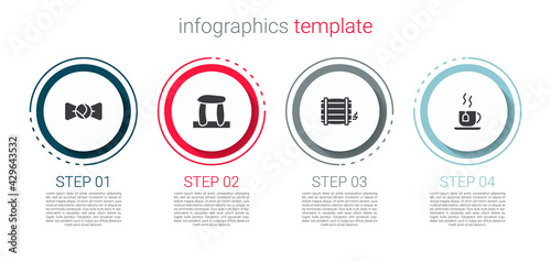 Set Bow tie, Stonehenge, Wooden barrel and Cup of tea with tea bag. Business infographic template. Vector