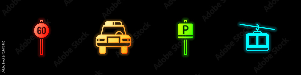 Set Speed limit traffic, Police car and flasher, Parking and Cable icon. Vector