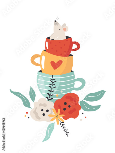 Colorful composition with mouse from Alice in Wonderlandin tea cup and floral ornament