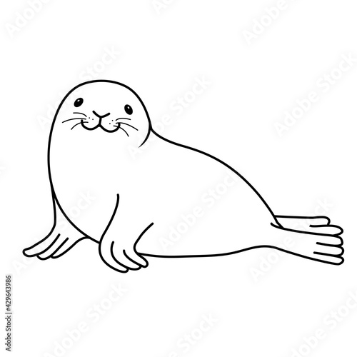 Vector hand drawn outline doodle icon fur seal isolated on white background. Happy seal lying on the beach and smiling. Cute ocean animal illustration.