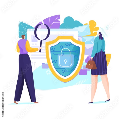 Online business antivirus data protection, enterprise internet secure information flat vector illustration, isolated on white.