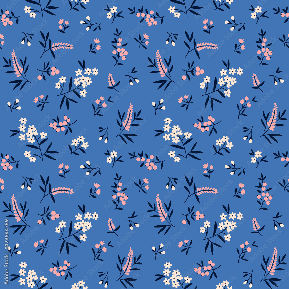 Seamless floral pattern. Ditsy background of small white and pink flowers and blue leaves. Small flowers scattered over a light blue background. Stock vector for printing on surfaces and web design.