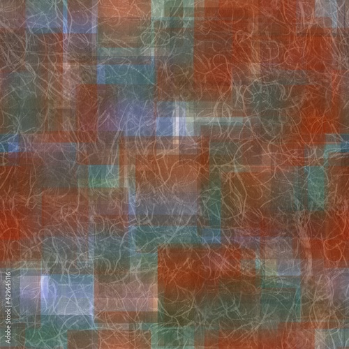 Seamless overlaid geometric shape pattern print. High quality illustration. Transparent rectangles filled with gradient colors scattered. Handmade paper texture overlay.