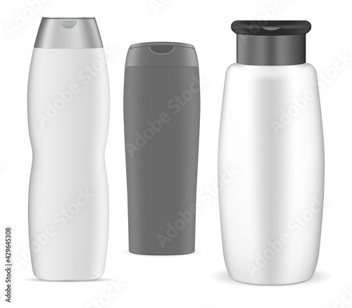 Shampoo bottle, white plastic package, 3d vector design. Oval cosmetic tube collection for body gel, milk, bathroom hygiene. Beauty product packaging blank, bath care collection