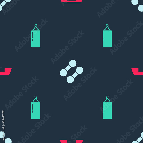 Set Step platform, Dumbbell and Punching bag on seamless pattern. Vector