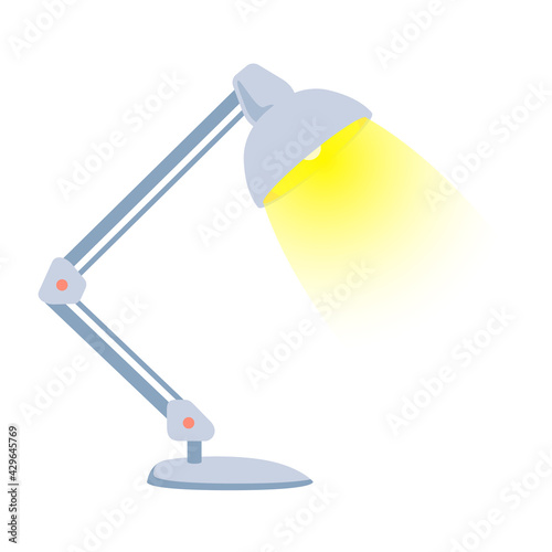 Silver Table lamp light up vector object isolated on white background. Metal modern reading lamp is shining flat icon illustration. Clip art design element