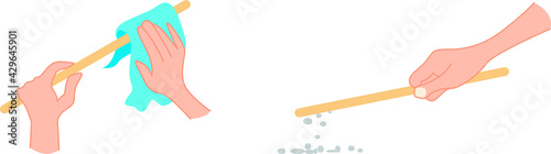 Isolated vector illustration of a science experiment, using friction between a plastic bar and a fabric to create electricity.